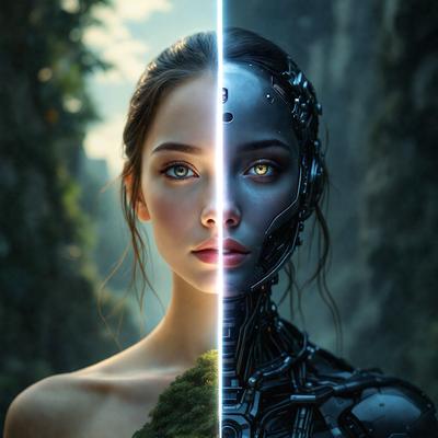 The primary subject of the image is a woman with a tree in the background. The setting is a forest, and the visual style is digital art. The woman has a futuristic, robotic appearance, and the colors and mood are dark and mysterious.
